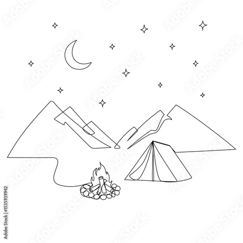Continuous one line drawing of tent and campfire. Vector illustration
