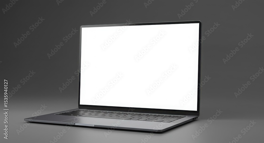 Sleek silver laptop with blank white screen, displayed on a dark gray surface. Sleek silver laptop with blank white screen, displayed on a dark gray surface.