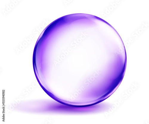 Large translucent smooth purple sphere with highlights and soft shadow underneath, on white background. Vector illustration for design projects and creative works.