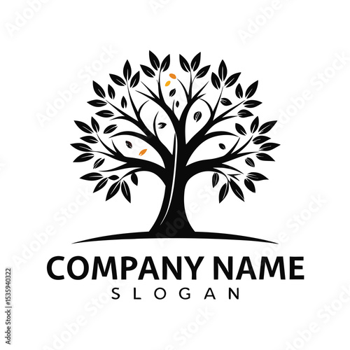 Black and white stylized tree logo, with leaves and fallen seeds