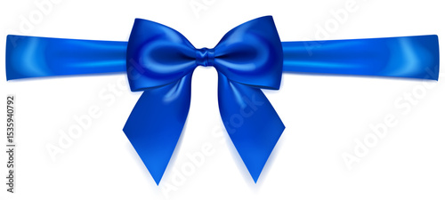 A vibrant vector illustration with beautiful large blue shiny bow with horizontal ribbon and soft shadow on white background, perfect for gift wrapping or decorative purposes.