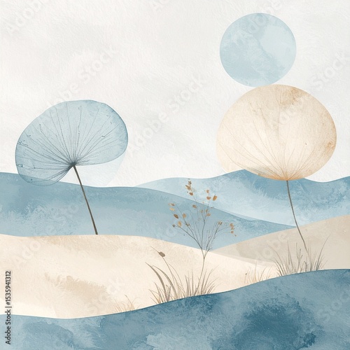 An artistic watercolor landscape, created in a minimalistic style, semi-abstract collage-like, can be used in interior design, matching Scandinavian style interiors, creating anatmosphere of calmness	