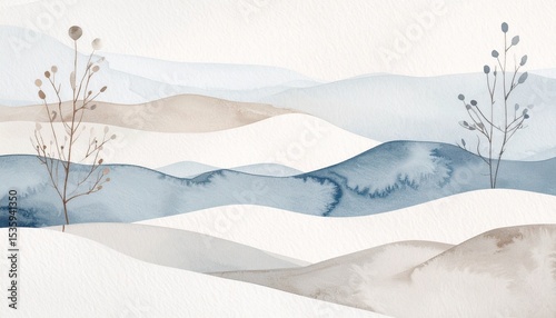 An artistic watercolor landscape, created in a minimalistic style, semi-abstract collage-like, can be used in interior design, matching Scandinavian style interiors, creating anatmosphere of calmness	