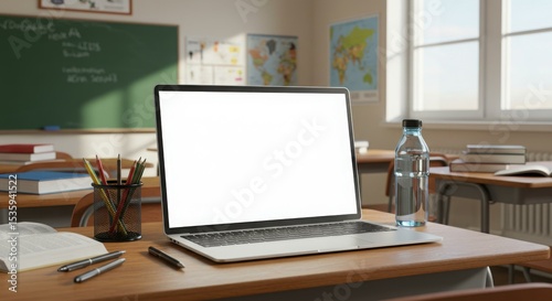 Wallpaper Mural Laptop with a blank screen on a school desk in a classroom setting, with books, pencils, and a water bottle nearby. Torontodigital.ca