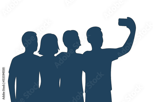 A crowd of individuals are gathered to take a photo of themselves using a cell phone with available copy space