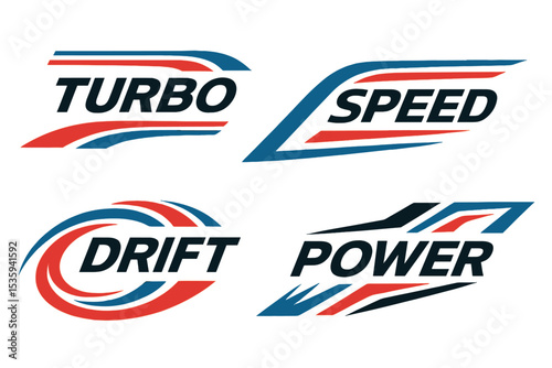 Vector illustrations of sport racing stripes and drift patterns for vehicle modification, including cars, bikes, and trucks, in red and blue