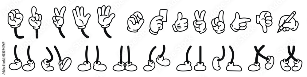 Obraz premium Vintage Cartoon Hands in Gloves & Feet in Shoes – Cute Character Body Parts, Arm Gestures, Walking Legs & Foot Pose Vector Set