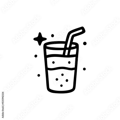 A stylized illustration of a drink in a glass with a straw, accompanied by sparkles.