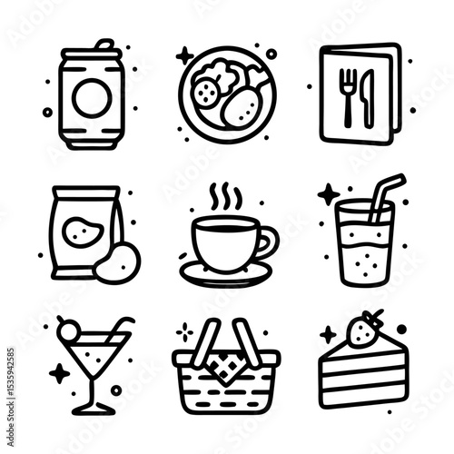 A collection of outlined icons depicting various food and drink items, including a can, salad, menu, chips, coffee, juice, cocktail, basket, and cake.