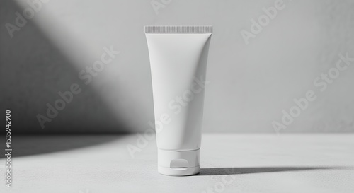 A minimalist white glossy skincare tube stands on a textured gray surface with modern shadows