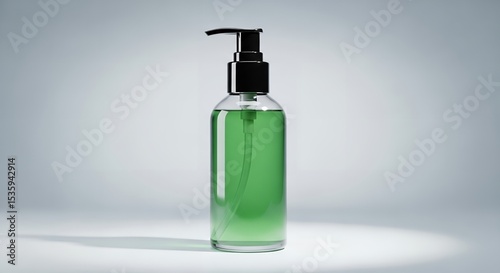  plain glass bottle containing a green facial cleaning product with an elegant black pump cap is shown against a light gray background with soft lighting