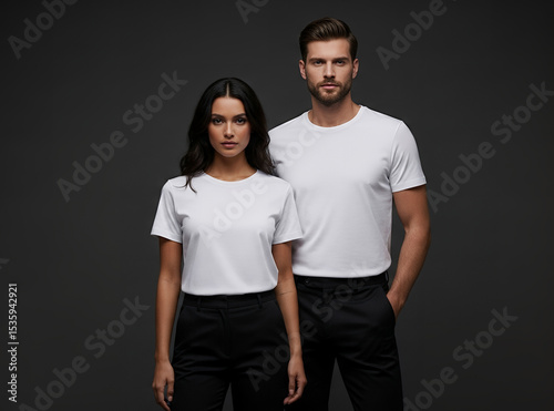 Man and woman in white t-shirt, wearing black pants, Simple and stylish look with dark background