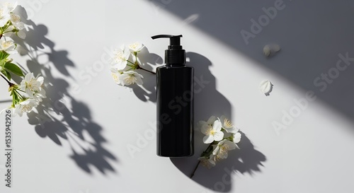 Minimalist product display with a dark pump bottle, delicate white blossoms, and natural shadows, exuding elegance and simplicity
