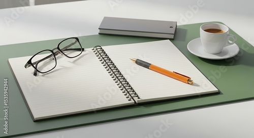 Minimalist workspace setup with glasses, notepad, orange pen, and espresso on a green desk mat. Perfect for productivity vibes