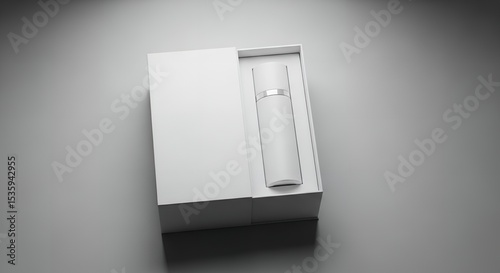skincare minimalist white bottle is neatly placed inside a matching white box with the lid set aside, showcasing modern and elegant packaging design