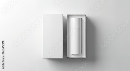 A sleek, minimalist white bottle is neatly placed inside a matching white box with the lid set aside, showcasing modern and elegant packaging design
