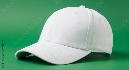 White baseball cap with curved brim on a green background, showcasing detailed stitching and a minimalist design
