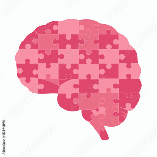 A brainshaped jigsaw puzzle with pink and light pink pieces forms the shape of the brain