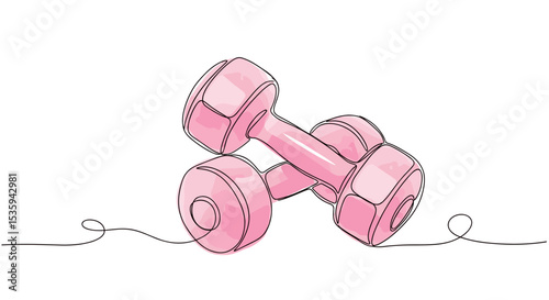 Pink dumbbells one line doodle drawing with watercolor fill, minimalistic vector illustration on white background