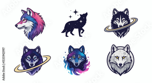 A collection of 6 stylized wolf images with space and celestialthemed designs arranged in a 2x3 grid