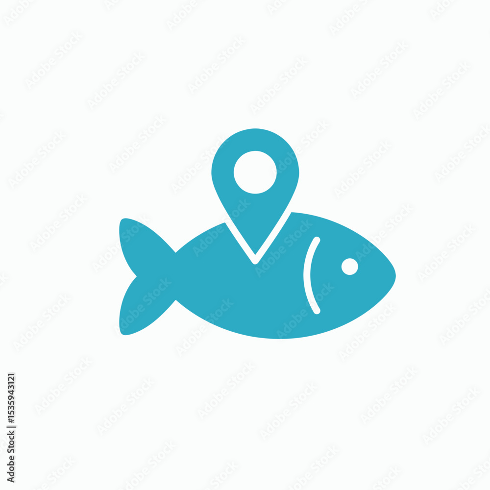 Obraz premium Blue fish icon with map pin on top