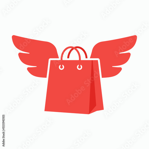 A red shopping bag with wings attached implying quick delivery