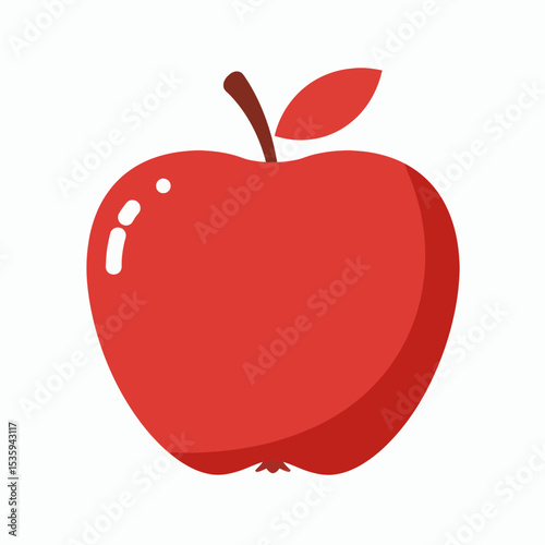 A stylized red apple with a brown stem leaf and small white highlights