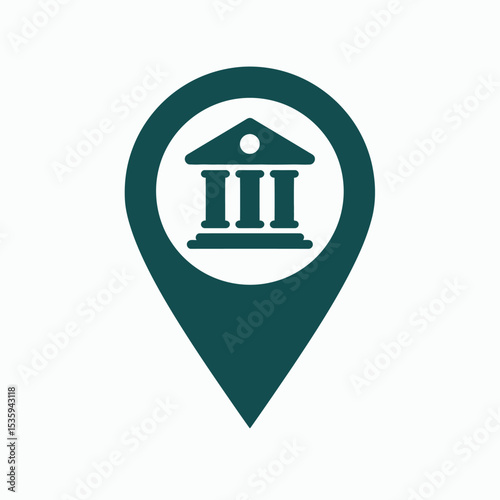 A teal map pin icon shows a bank building symbolized by three columns