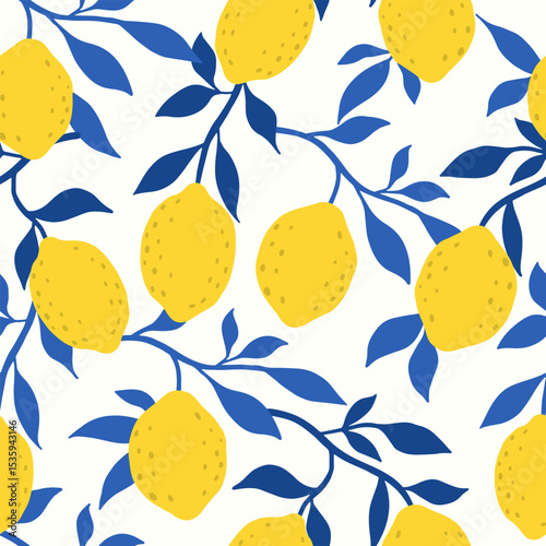 Hand drawn colorful seamless pattern of hand drawn lemons. Citrus fruit background. Perfect for textile manufacturing wallpaper posters etc. Vector illustration