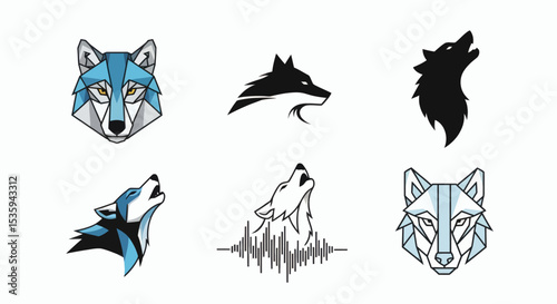 Six wolf head designs two in geometric style two howling two in profile silhouette