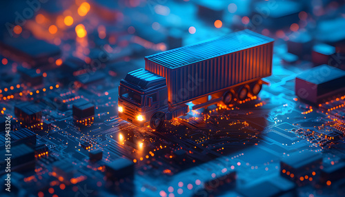Cargo logistics management tech concept. Truck on digital data network illustrates transportation optimization. Modern transport system, global business, supply chain, data analytics, tracking photo