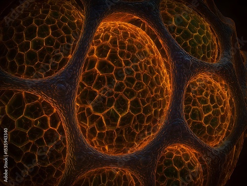 Detailed view of a complex, textured sphere.