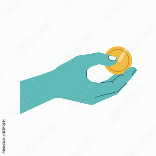 Teal hand holds a gold coin offering or receiving