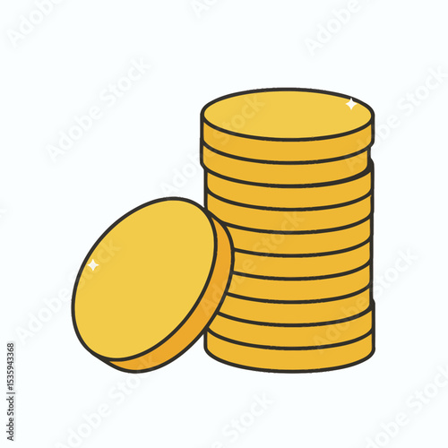 Stacked gold coins with gleams  a single coin to the side all outlined in dark ink