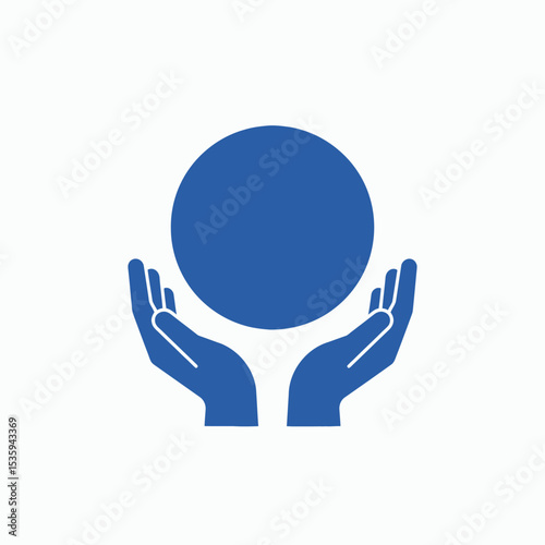 Two hands are upraised as though offering something A solid blue orb rests in their palms