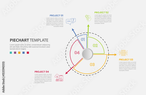 pie chart infographic outline style with 4 point template with big dotted circle with arrow line separator for slide presentation
