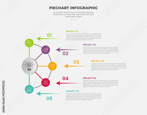 pie chart infographic outline style with 5 point template with half circle with small dot line connected for slide presentation
