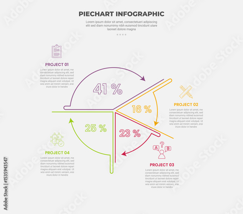 pie chart infographic outline style with 4 point template with big circle with arrow line circular and line separator for slide presentation