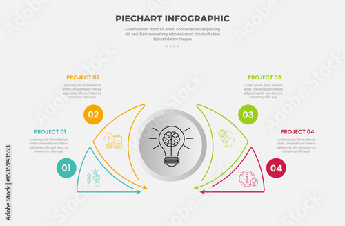 pie chart infographic outline style with 4 point template with half circle and sharp slice on circle for slide presentation