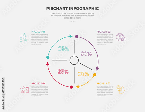 pie chart infographic outline style with 4 point template with simple circle line with arrow circular direction for slide presentation