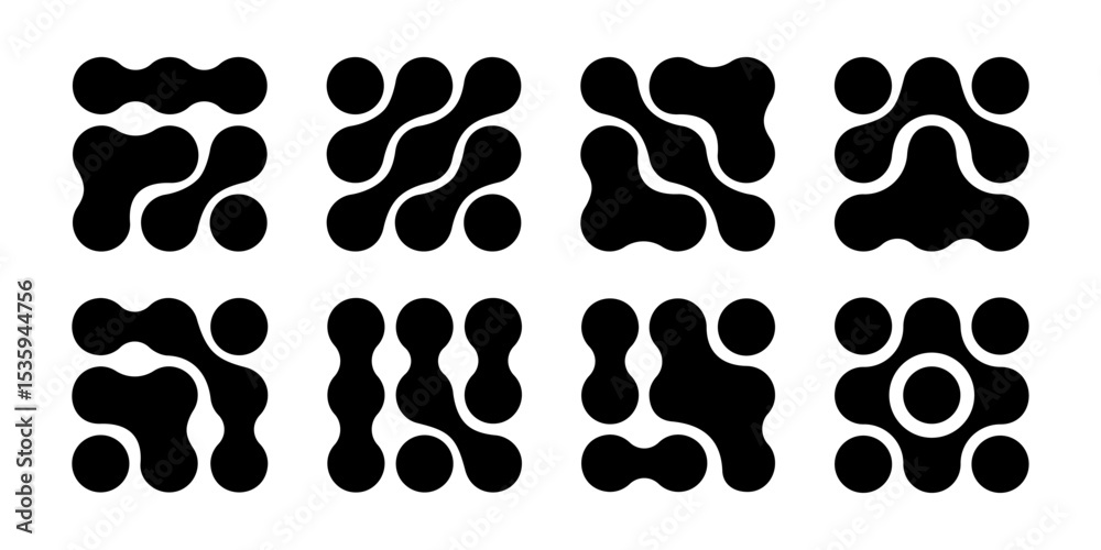 Fototapeta premium Metaball textures. Connected liquid drops, round dots or morph shapes background. Organic blobs, neurons or molecules isolated on white background. Modern abstract prints. Vector graphic illustration.