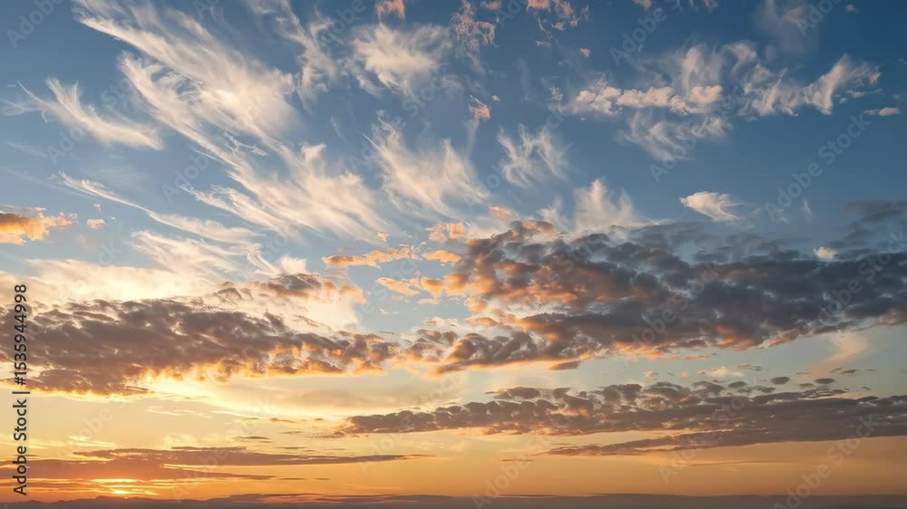 Dramatic sunset sky with colorful clouds and soft light, a beautiful vista featuring cirrus clouds and atmospheric perspective Dramatic sunset sky with colorful clouds and soft light, a beautiful vista featuring cirrus clouds and atmospheric perspective