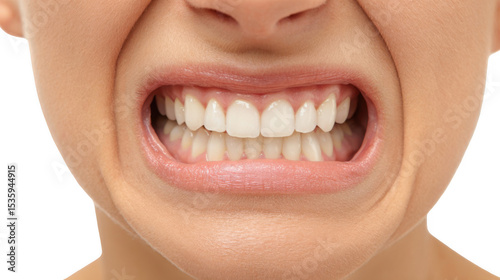 Close up of a woman gritting her teeth, revealing perfect white teeth, against a transparent background, useful for dental and healthcare related projects