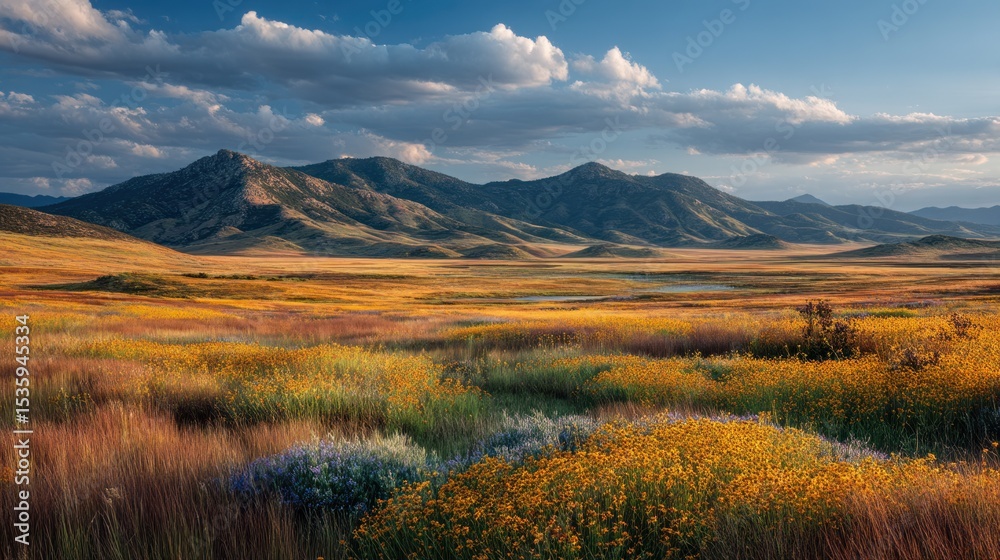 Fototapeta premium Majestic Mountain Range Vista with Rolling Fields and Dynamic Cloud Formations