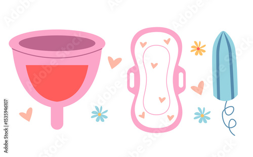 Women's hygiene products tools isolated set. Vector flat graphic design illustration
