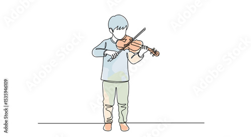 Boy violinist playing violin, one line doodle drawing with watercolor fill, minimalistic vector illustration on white background

