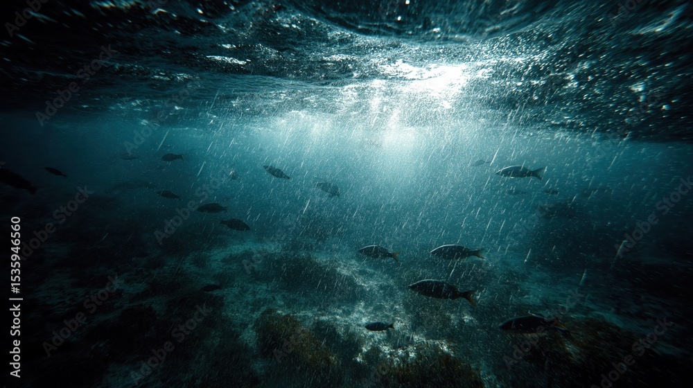 Fototapeta premium Underwater Scene with School of Fish Swimming in Clear Ocean Water
