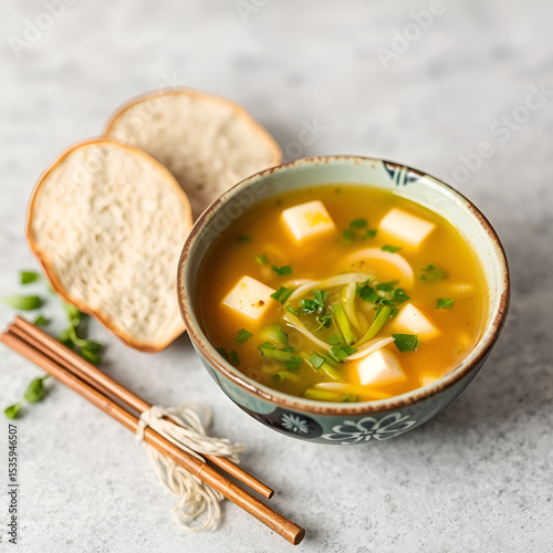 healthy and tasty japanese miso soup with tofu and mungo sprout, free copy space for text