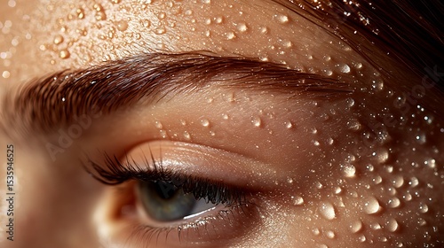 Closeup of womans eye and face covered in fresh with hydrating water droplets.