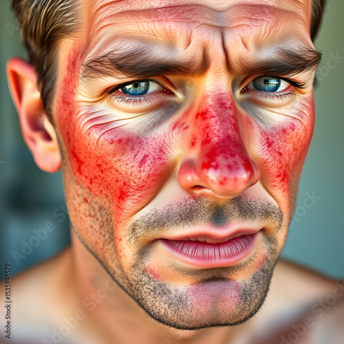 A man with reddened, itchy skin after sunburn. Skin care and protection from ultraviolet rays. With empty copy space for text